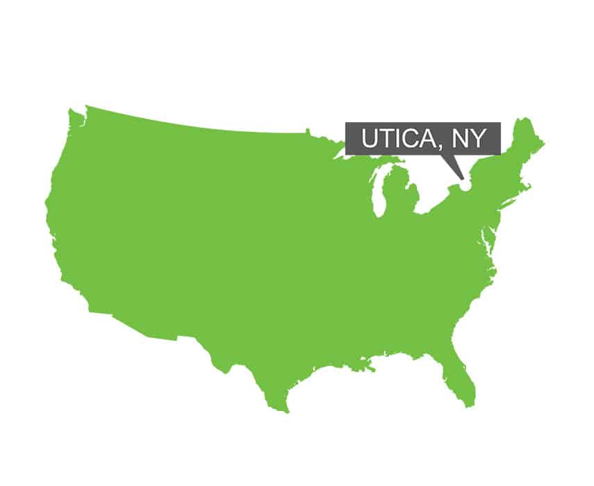 A map of the USA with a marker on Utica, NY.