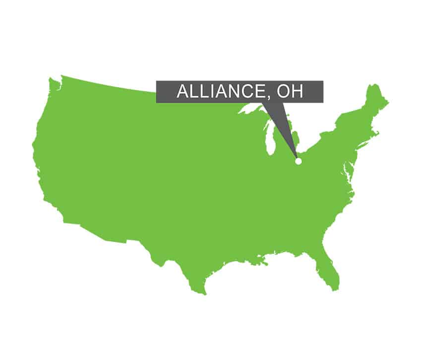 A map of the USA with a marker on Alliance, OH.