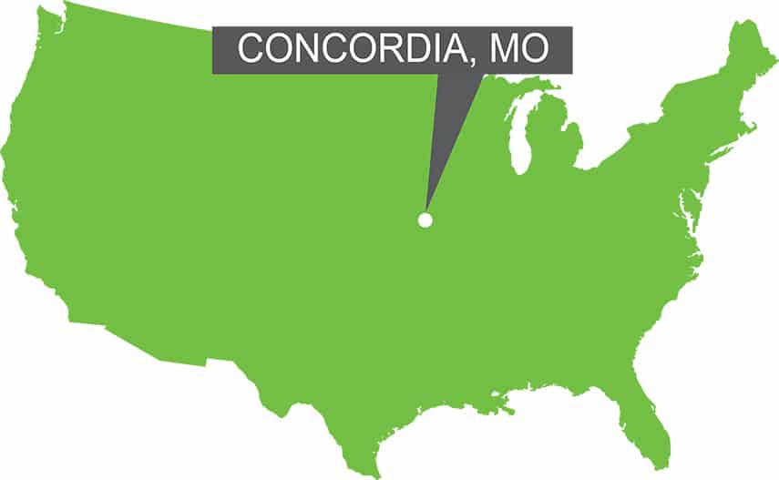 A map of the USA with a marker on Concordia, MO.