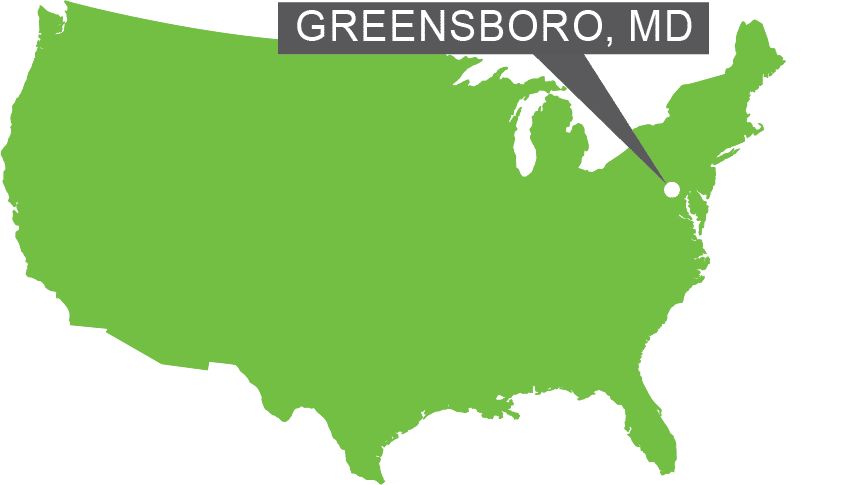 A map of the USA with a marker on Greensboro, MD.