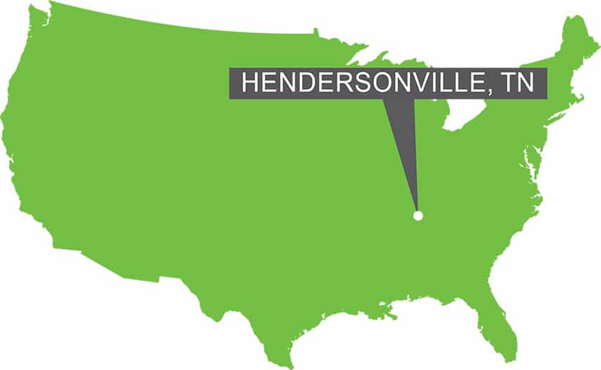 A map of the USA with a marker on Hendersonville, TN.