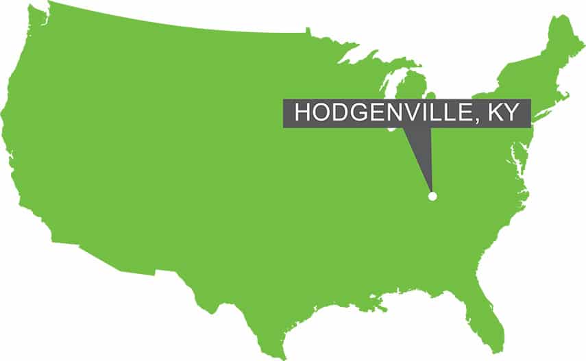 A map of the USA with a marker on Hodgenville, KY.