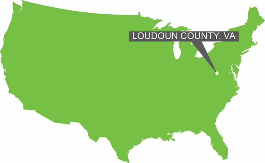 A map of the USA with a marker on Loudoun County, VA.