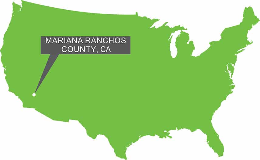 A map of the USA with a marker on Mariana Ranchos, CA.