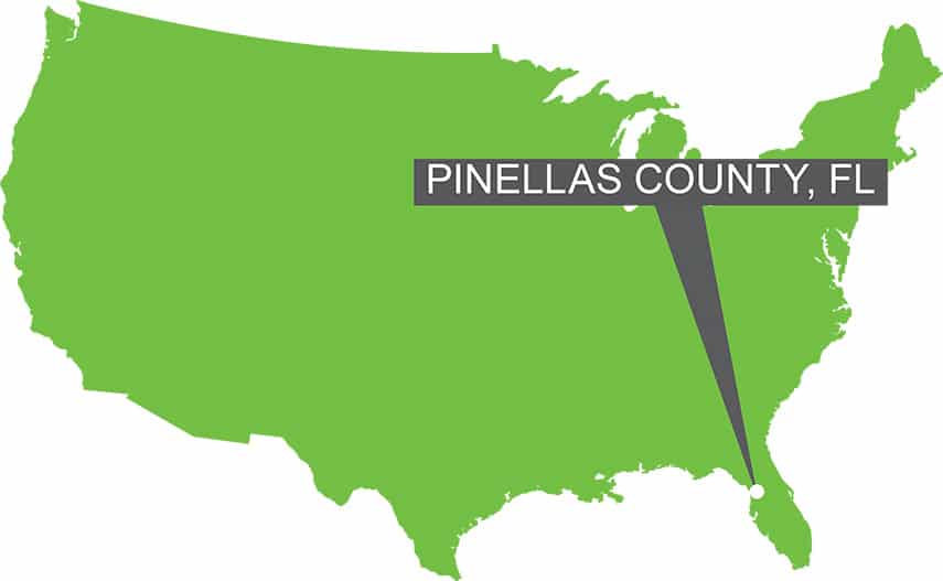 Map of the USA with a marker on Pinellas County, FL.