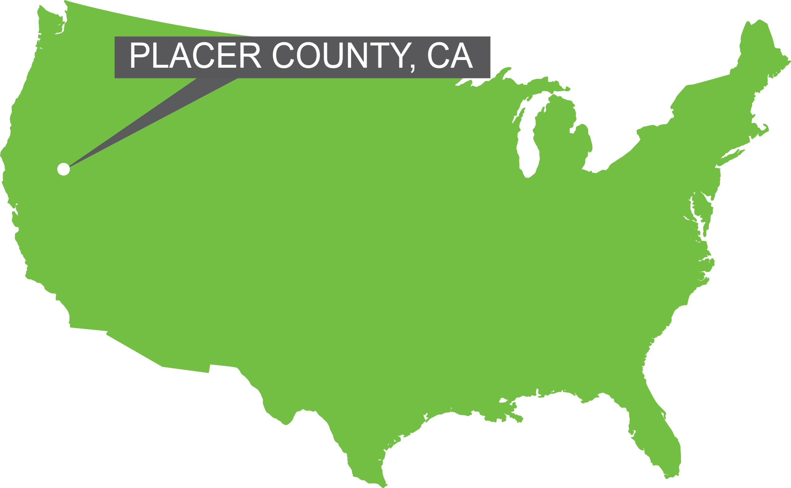 A map of the USA with a marker on Placer County , CA.