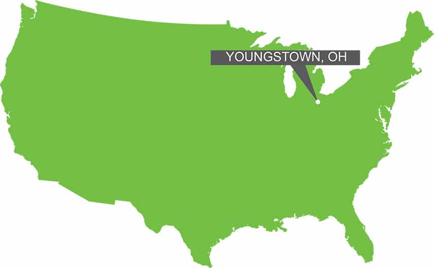 A map of the USA with a marker on Youngstown, OH.