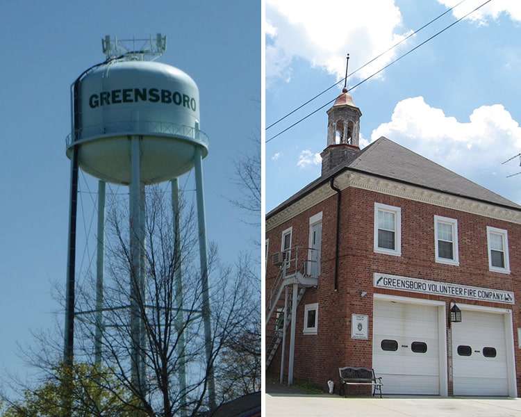 A photo collage of two locations in Greensboro, MD