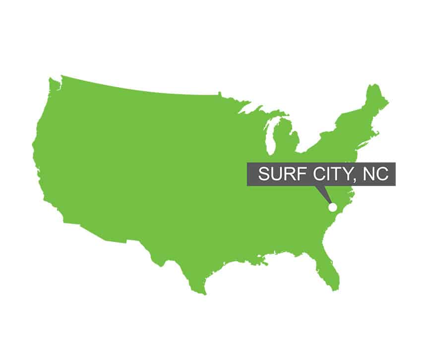 A map of the USA with a pin on Surf City, NC.