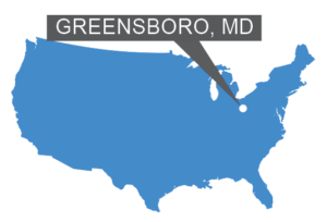 A map of the USA with a marker on Greensboro, MD.