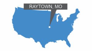 A map of the USA with a marker on Raytown, MO